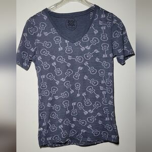 Good Vibes Guitar-patterned Blue Short Sleeve V- Neck Tee